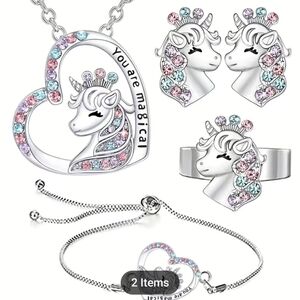 New 4pc unicorn set necklace bracelet earrings adjustable ring, T1B3A